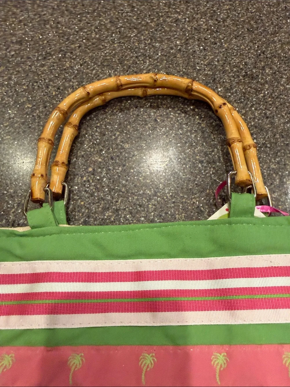 Striped Pink and Green Ribbon Clutch Bag with Bamboo Handles